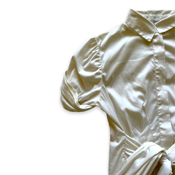 PRADA White Button-Up Blouse with Puff Sleeves and Tie Waist | Size 4 Excellent - Picture 5 of 8